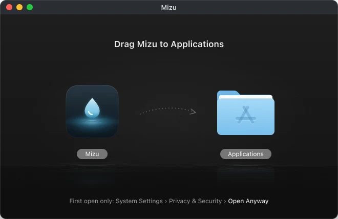The Mizu disk image window: drag the Mizu icon onto the Applications folder